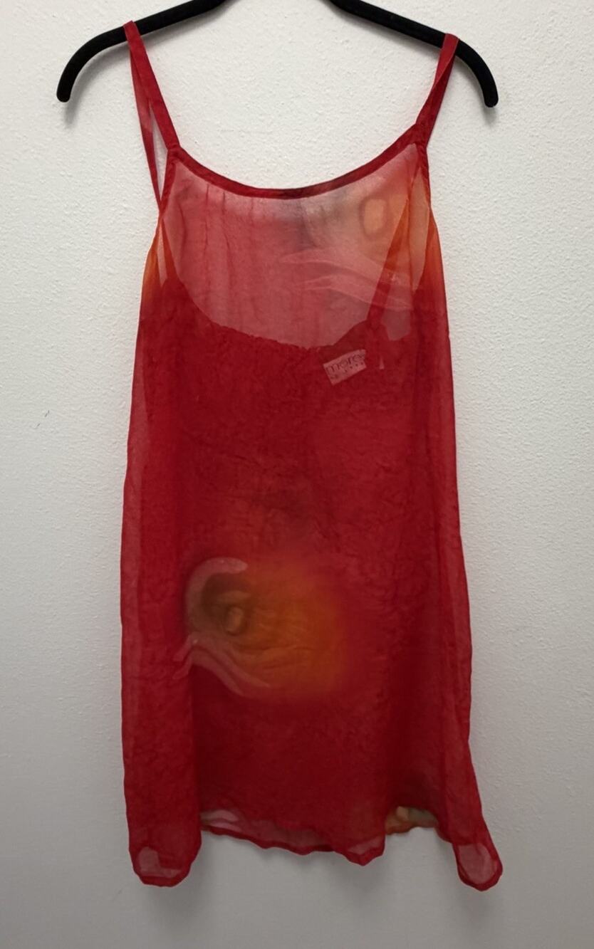 Vintage Y2K MORE by Lata Sheer Mesh Slip Dress Red Abstract Open Back Womens L